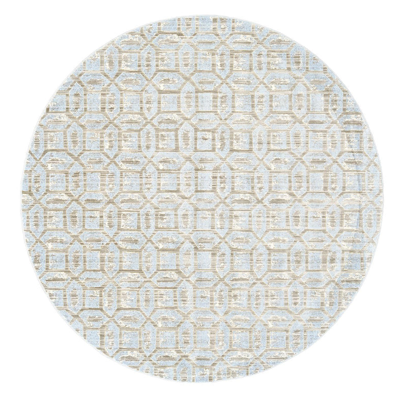 Large round rug with gold and blue geometric pattern - What A Room Serving Santa Clara, San Jose, Silicon Valley and The San Francisco Bay Area