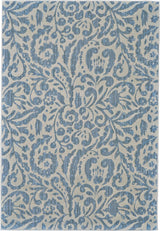 Floral garden design on this muted contemporary rug which uses a blue and natural tan color scheme - What A Room serves the Santa Clara Area for home furnishings and furniture