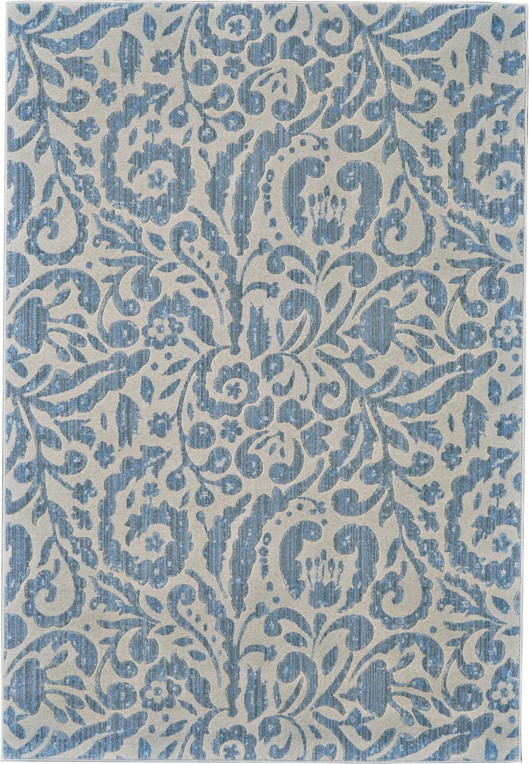 Floral garden design on this muted contemporary rug which uses a blue and natural tan color scheme - What A Room serves the Santa Clara Area for home furnishings and furniture