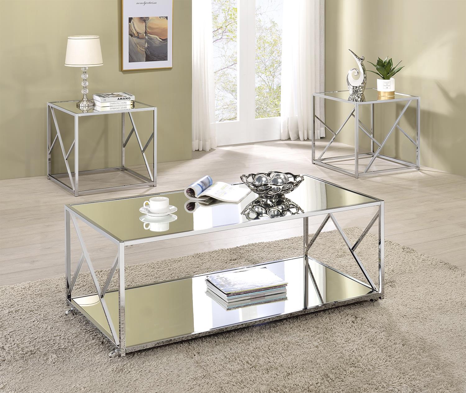 3-piece Occasional Table Set Clear Mirror and Chrome - What A Room