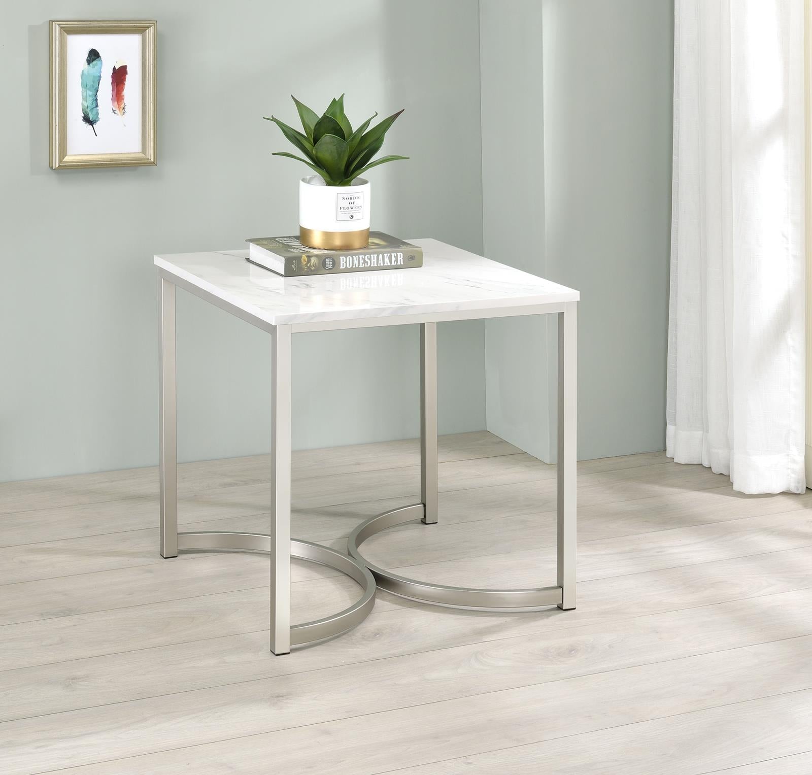 Faux Marble Square End Table White and Satin Nickel - What A Room