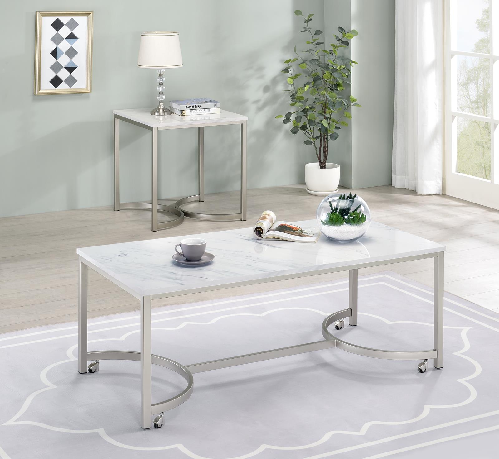 Faux Marble Square End Table White and Satin Nickel - What A Room