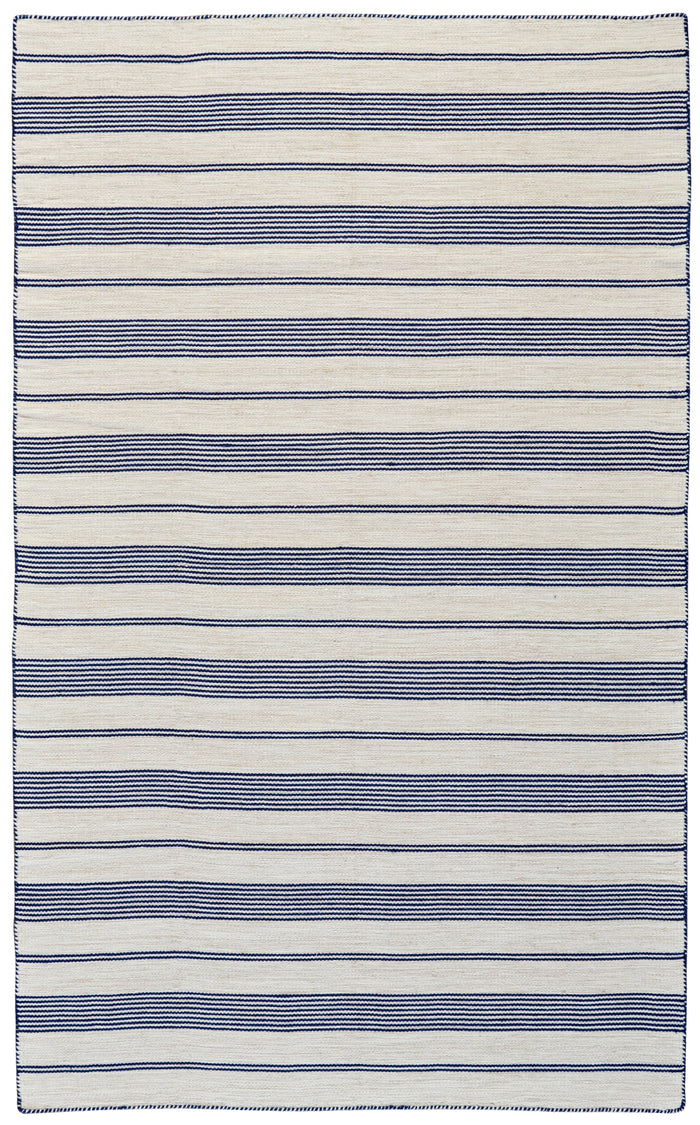 Classic combination of indigo stripes on natural woven background color ont his rug - Find it if you're near Hayward, Pleasanton, Mountain View and San Jose in our showroom