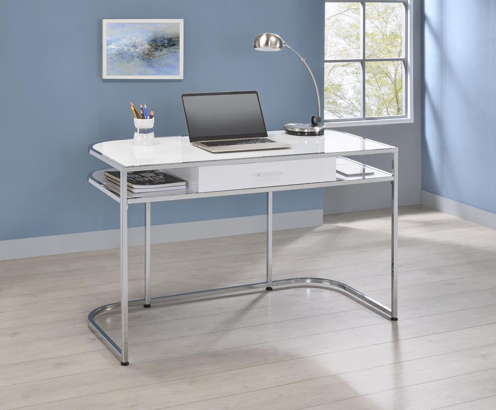 Ember 1-drawer Writing Desk White High Gloss and Chrome - What A Room