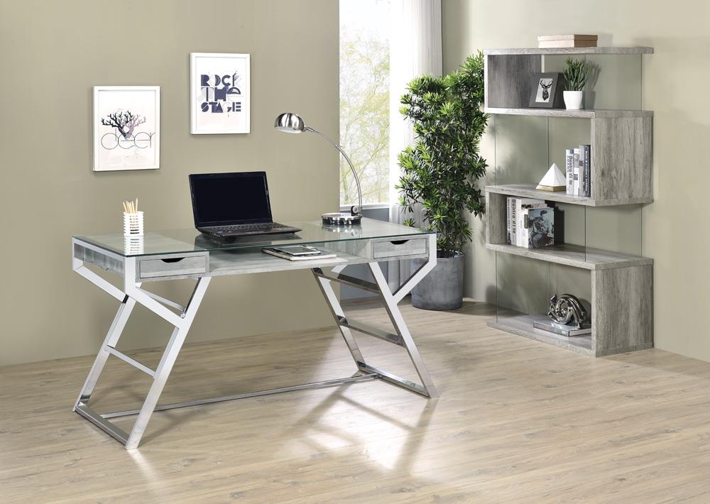 Emelle 2-drawer Glass Top Writing Desk Grey Driftwood and Chrome - What A Room