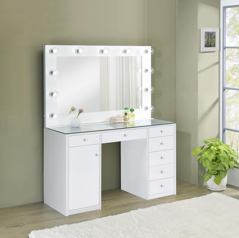 7-drawer Glass Top Vanity Desk with Lighting White - What A Room