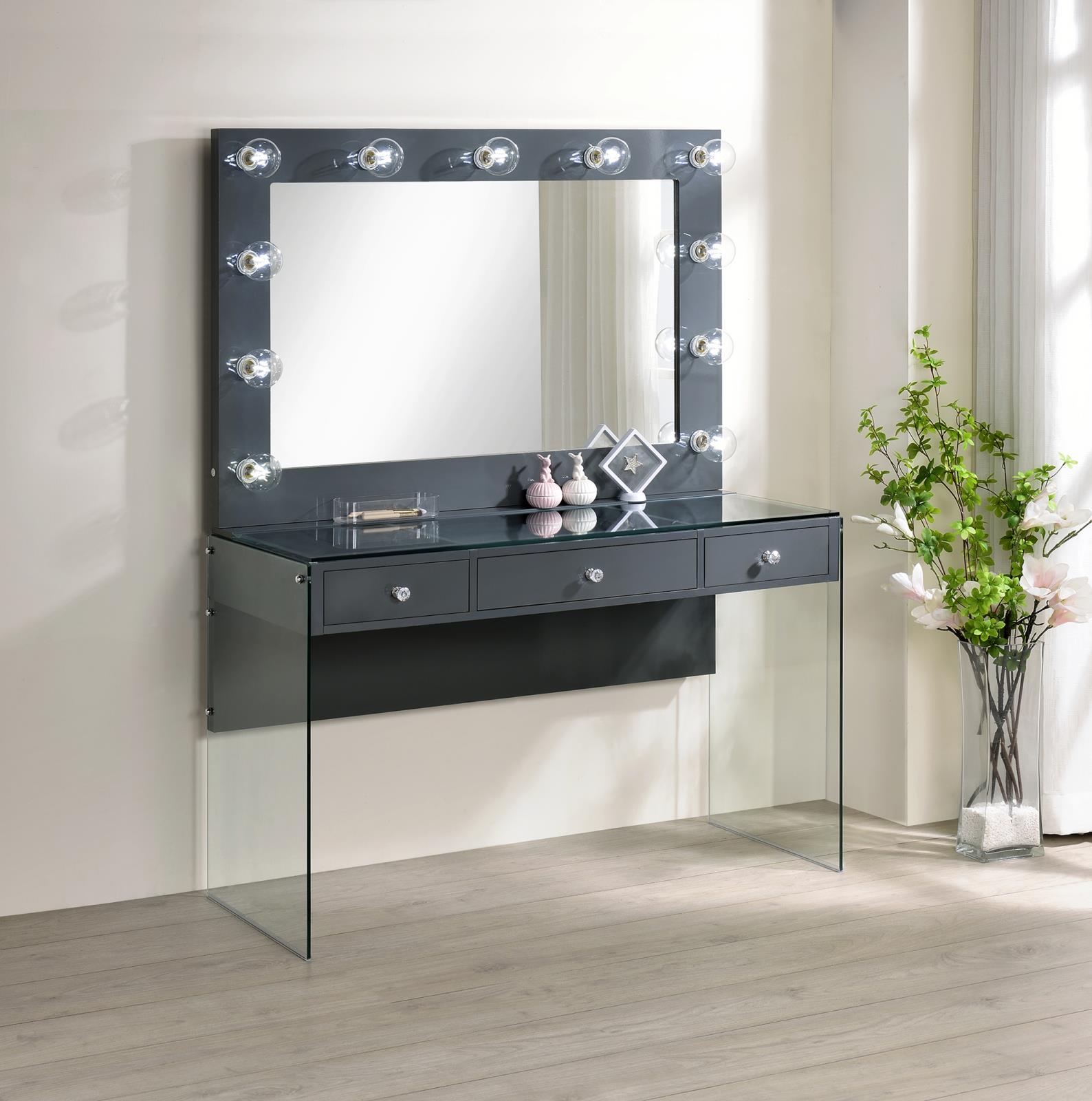 3-drawer Vanity Desk  with Lighting Mirror Grey High Gloss - What A Room