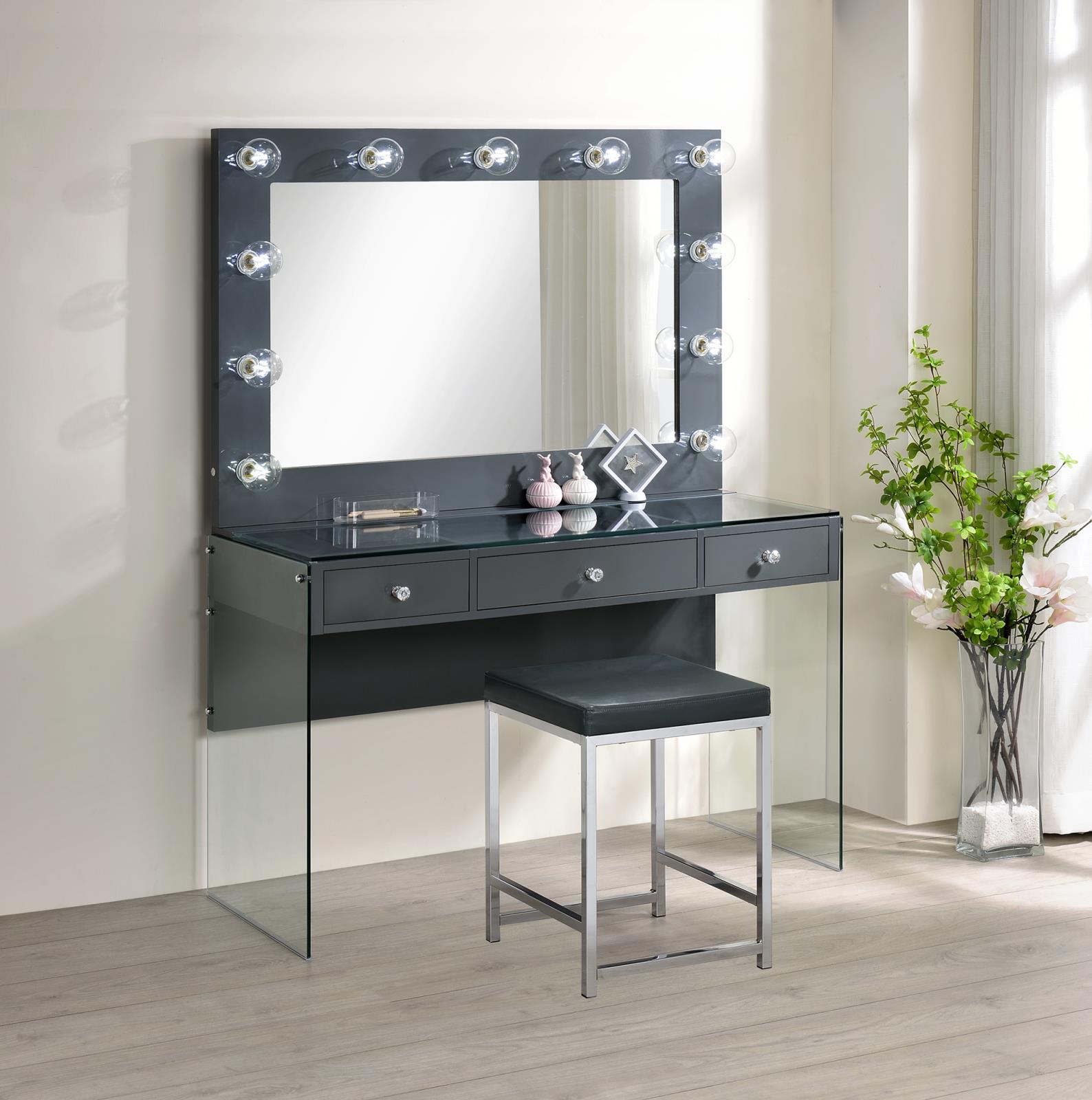 3-drawer Vanity Desk  with Lighting Mirror Grey High Gloss - What A Room