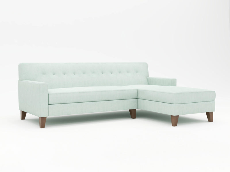 White with bluish tint, upholstered custom sofa with chaise