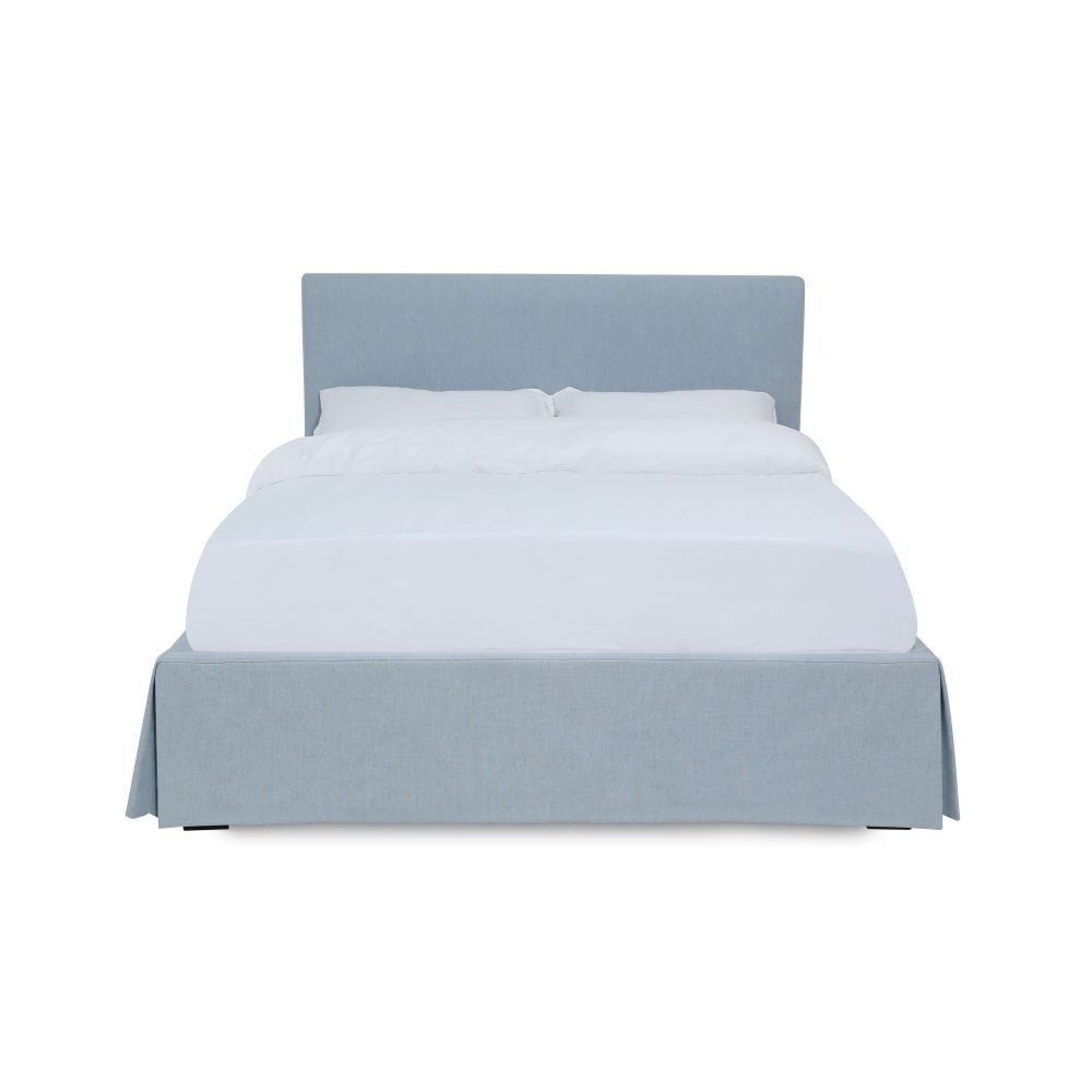 Shelby Upholstered Skirted Storage Panel Bed in Sky - What A Room