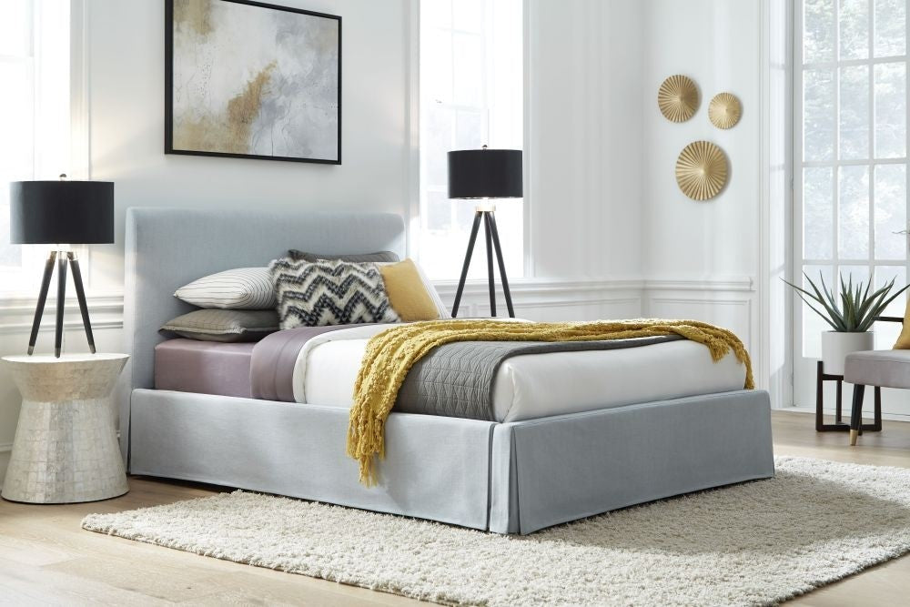 Shelby Upholstered Skirted Storage Panel Bed in Sky - What A Room