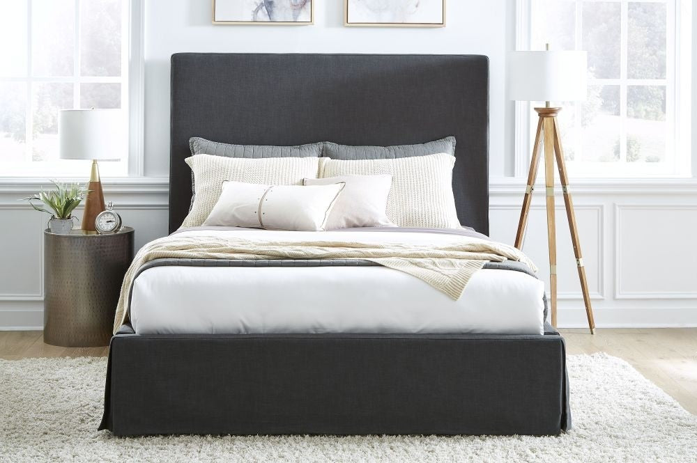 Cheviot Upholsterd Skirted Panel Bed in Iron - What A Room