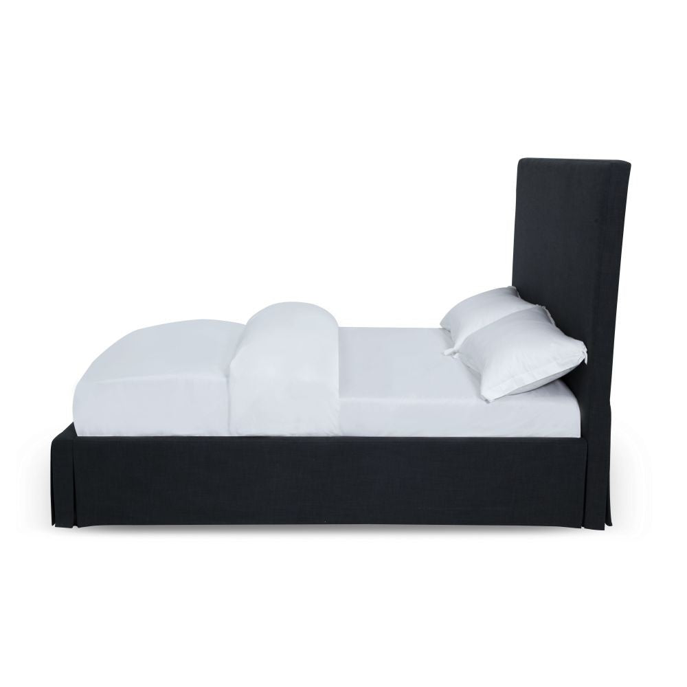 Cheviot Upholsterd Skirted Storage Panel Bed in Iron - What A Room