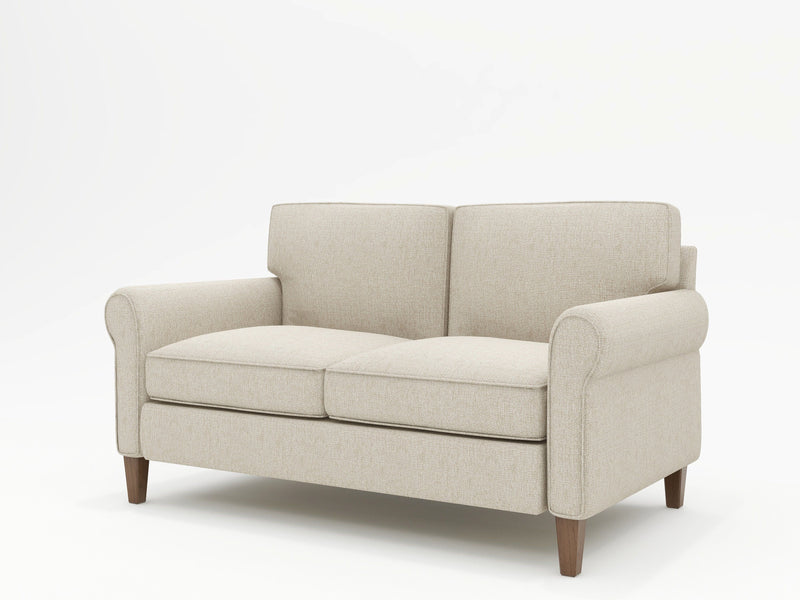 Classically good looking custom loveseat made with a linen colored upholstery